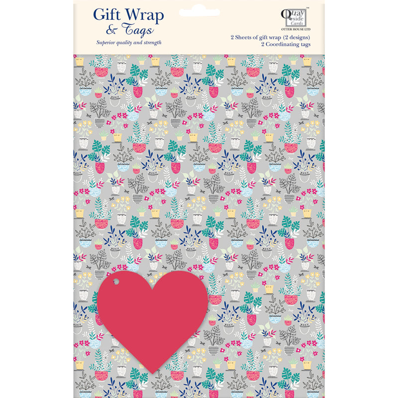 Gift Wrap & Tags - Grey Botanical (2 Sheets & 2 Tags)