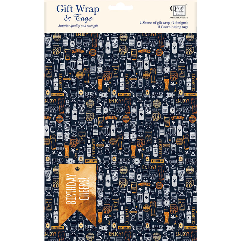 Gift Wrap & Tags - Birthday Cheers! (2 Sheets & 2 Tags)