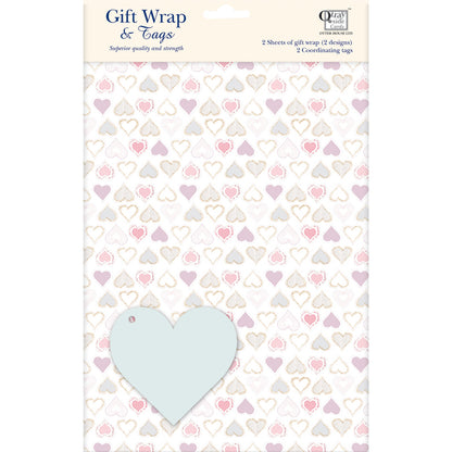 Gift Wrap & Tags - Hearts (2 Sheets & 2 Tags)