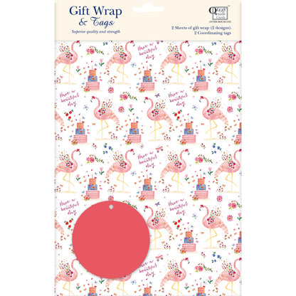 Gift Wrap & Tags - Flamingo (2 Sheets & 2 Tags)