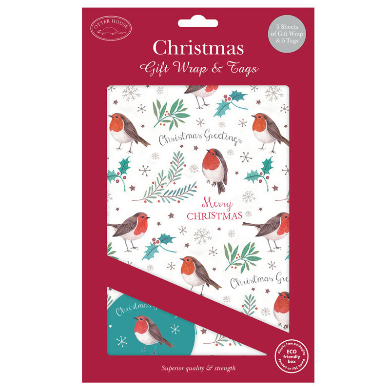 Christmas Wrap & Tags - Christmas Robins (5 Sheets & 5 Tags)