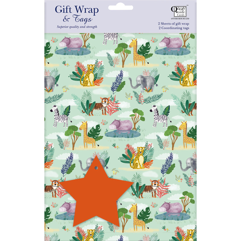 Gift Wrap & Tags - Safari Animals (2 Sheets & 2 Tags)