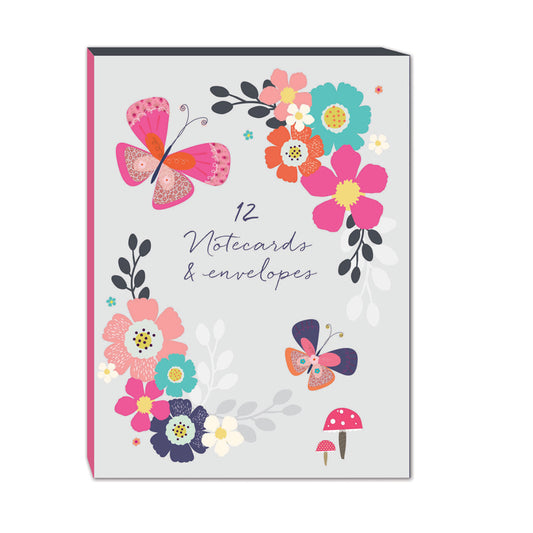 Butterflies Stationery - (12 Cards) Notecard Pack - Flowers