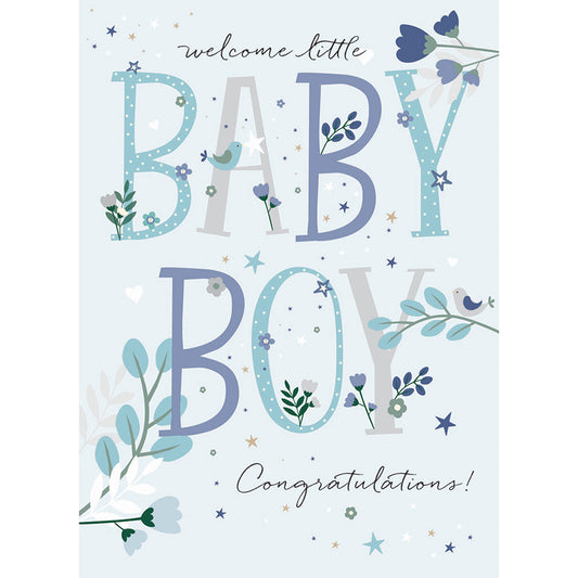 New Baby Card - Text & Flowers (Baby Boy)