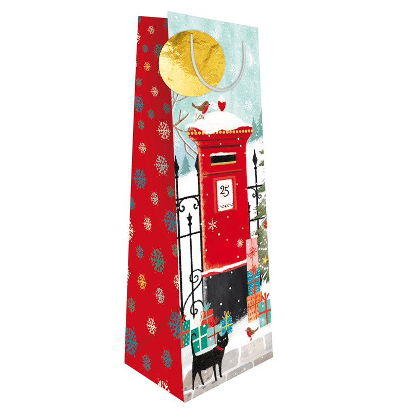 Xmas Bottle Gift Bag - Postbox Cat