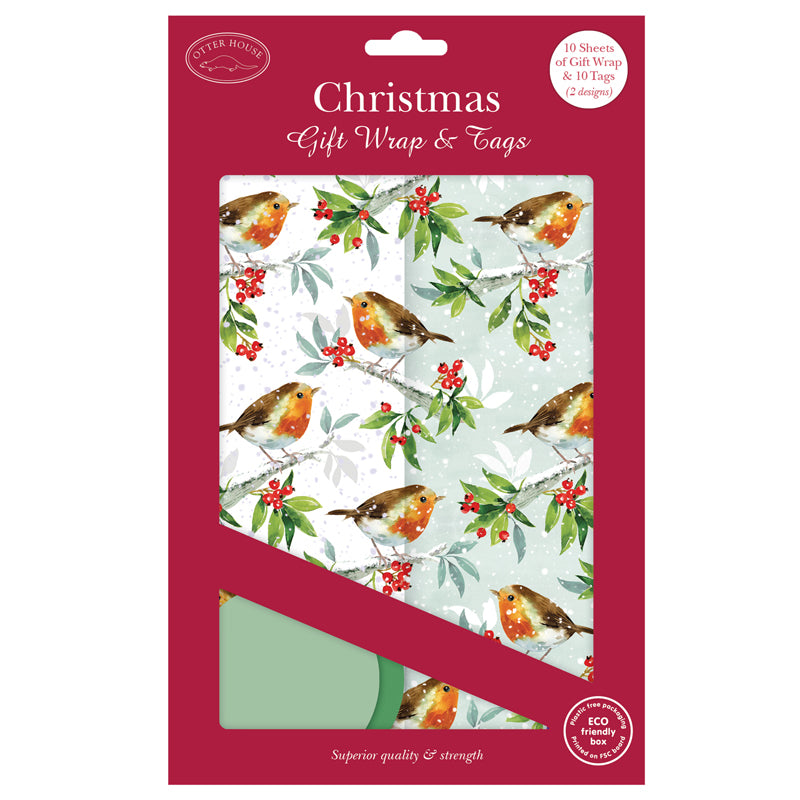 Christmas Wrap & Tags - Holly Robins (10 Sheets & 10 Tags)
