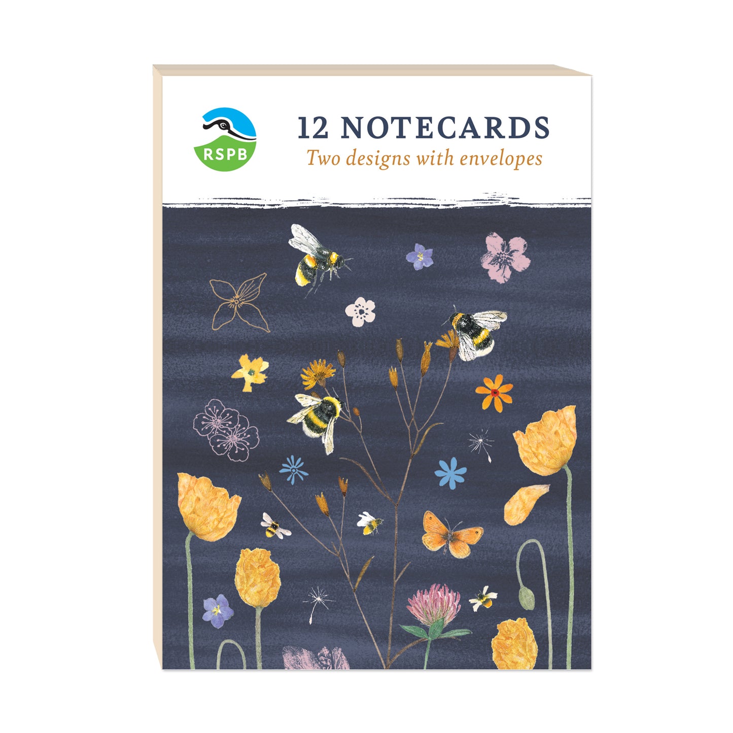 RSPB Beyond The Hedgerow Stationery - (12 Cards) A6 Notecard Pack - Bees Amongst Flowers