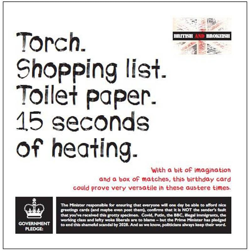 British and Brokeish Card - Torch.  Shopping list.  Toilet paper.  15 seconds heating. (Splimple)