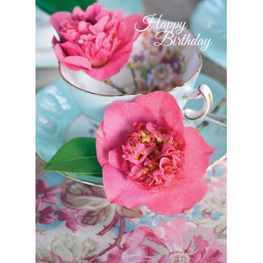 Floral Birthday Card - Pink Flowers In A Cup & Saucer